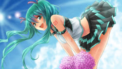Rule 34 | 1girl, :d, adapted costume, aqua eyes, aqua hair, bare shoulders, bent over, blush, cheerleader, day, hatsune miku, highres, long hair, looking at viewer, midriff, navel, open mouth, pom pom (cheerleading), skirt, sky, smile, solo, tattoo, twintails, very long hair, vocaloid, wallpaper, yakusa