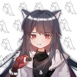 Rule 34 | 1girl, :t, animal ears, arknights, artist name, black hair, black shirt, blouse, chocolate, coat, eating, food, food on face, fur-trimmed coat, fur trim, gloves, graykn, hand up, highres, holding, holding chocolate, holding food, jewelry, long hair, looking at viewer, necklace, portrait, red eyes, red gloves, red hair, shirt, solo, straight-on, texas (arknights), texas (winter messenger) (arknights), watch, white background, white coat, winter clothes, winter coat, wolf ears, wristwatch