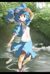 Rule 34 | 1girl, :o, abe ranzu, adjusting goggles, ahoge, arm up, blouse, blue eyes, blue hair, covered navel, female focus, goggles, goggles on head, hair bobbles, hair ornament, kawashiro nitori, letterboxed, matching hair/eyes, nature, navel, no bra, no nose, open clothes, open mouth, pocket, revision, see-through, shirt, short hair, skirt, solo, standing, stream, touhou, twintails, two side up, vest, wading, water