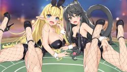 Rule 34 | 2girls, animal ears, aqua eyes, ass, black hair, blonde hair, blurry, blurry background, blush, breasts, cat ears, cat tail, cleavage, elf, fake animal ears, fishnet legwear, fishnets, green eyes, high heels, highres, isekai maou to shoukan shoujo no dorei majutsu, large breasts, leotard, long hair, looking at viewer, looking back, lying, multiple girls, on stomach, open mouth, pantyhose, playboy bunny, pointy ears, poker table, rabbit ears, rabbit tail, rem galleu, shera l. greenwood, small breasts, table, tagme, tail, tsurusaki takahiro, uvula, wrist cuffs