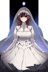 Rule 34 | 1girl, absurdres, bare shoulders, blue eyes, border, breasts, bridal veil, brown hair, closed mouth, collarbone, commission, detached sleeves, dogs (dlrkdejr26), dress, elbow gloves, frilled dress, frills, gloves, highres, large breasts, long hair, looking at viewer, original, short sleeves, skirt hold, sleeveless, sleeveless dress, smile, solo, torn clothes, veil, wedding dress, white border, white dress, white gloves