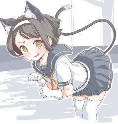 Rule 34 | 10s, 1girl, animal ear fluff, animal ears, bad id, bad pixiv id, bent over, black hair, brown eyes, done (donezumi), embarrassed, gloves, hairband, kantai collection, nervous smile, open mouth, paw pose, school uniform, serafuku, short hair, skirt, smile, sweatdrop, tail, tail raised, tanikaze (kancolle), thighhighs, wavy mouth