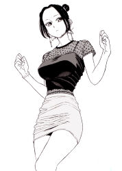 Rule 34 | 1girl, bad id, bad pixiv id, black hair, breasts, closed mouth, dende (dndn222), double bun, earrings, forehead, greyscale, hair bun, highres, jewelry, large breasts, looking at viewer, monochrome, original, scan, scan artifacts, shirt, short hair, short sleeves, skirt, solo, standing, thighhighs, traditional media