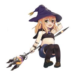 Rule 34 | 10s, 1girl, bandeau, blonde hair, bracelet, cape, chamnaitu, final fantasy, final fantasy xiv, hat, heterochromia, highres, jewelry, lalafell, long hair, midriff, pointy ears, shoes, skirt, smile, solo, staff, thighhighs, warrior of light (ff14), weapon, witch hat