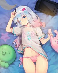 Rule 34 | 10s, 1girl, arm up, artist name, ayami (annahibi), blue eyes, blue hair, blush, bow, clothes writing, copyright name, cowboy shot, drawing tablet, eromanga sensei, from above, hair bow, hand up, holding, izumi sagiri, light smile, long hair, looking at viewer, lying, navel, on back, panties, parted lips, pink bow, pink panties, short sleeves, side-tie panties, signature, silver hair, solo, stuffed animal, stuffed octopus, stuffed toy, stylus, thighs, underwear