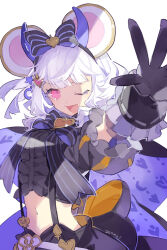 Rule 34 | 1girl, animal ears, artist name, black bow, black bowtie, black cape, black gloves, black shirt, black shorts, bow, bowtie, brooch, cape, commentary, crescent, crescent hair ornament, crescent print, cyenmi3, fake horns, frilled gloves, frills, gloves, granblue fantasy, hair bow, hair ornament, heart, heart brooch, heart hair ornament, heart print, highres, horns, jewelry, looking at viewer, medium hair, mouse ears, navel, one eye closed, open hand, open mouth, outstretched hand, pink eyes, print cape, puffy short sleeves, puffy sleeves, purple cape, shirt, short sleeves, shorts, simple background, solo, star (symbol), star hair ornament, striped bow, striped bowtie, striped clothes, suspenders, two-sided cape, two-sided fabric, upper body, vikala (granblue fantasy), vikala (halloween) (granblue fantasy), white background, white hair