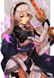 Rule 34 | 1girl, angry, arm guards, armor, blue cape, breastplate, brooch, buckle, cape, clothing cutout, collar, corrin (female) (fire emblem), corrin (fire emblem), cuirass, fire emblem, fire emblem fates, hair ornament, hairpin, headband, hungry clicker, jewelry, leg armor, leggings, lightning, long hair, looking at viewer, nintendo, pointy ears, red eyes, simple background, solo, sword, thigh cutout, weapon, white hair