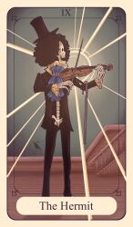 Rule 34 | 1boy, afro, ascot, aucuparia, black hair, black hat, blue ascot, bow (music), brook (one piece), cane, card (medium), commentary, english commentary, english text, frilled sleeves, frills, hat, highres, holding, holding bow (music), holding instrument, holding violin, instrument, long sleeves, male focus, music, one piece, playing instrument, skeleton, solo, standing, tarot, tarot (medium), top hat, violin