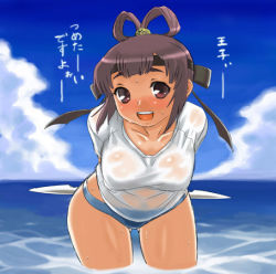 Rule 34 | 1girl, arms behind back, bikini, bikini bottom only, breasts, dr.p, gensou suikoden, gensou suikoden v, hanging breasts, large breasts, leaning forward, lowres, miakis (suikoden), no bra, purple eyes, purple hair, shirt, smile, solo, swimsuit, text focus, thighs, translated, wading, water, wet, wet clothes, wet shirt