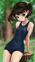 Rule 34 | 1girl, arm support, bare arms, bare shoulders, black school swimsuit, blue one-piece swimsuit, blurry, blurry background, breasts, brown eyes, brown hair, closed mouth, collarbone, commentary request, covered navel, day, depth of field, dot nose, forest, hair ornament, looking at viewer, nature, old school swimsuit, one-piece swimsuit, orange scrunchie, original, outdoors, rohitsuka, school swimsuit, scrunchie, small breasts, smile, solo, standing, swimsuit, tree, tree stump, twintails