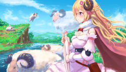Rule 34 | 1girl, blonde hair, blue sky, blush, braid, breasts, cape, closed mouth, cloud, commentary, day, flower, french braid, harp, highres, holding, holding instrument, hololive, horns, instrument, long hair, looking to the side, medium breasts, nature, neck ribbon, outdoors, pouch, purple eyes, red cape, red ribbon, ribbon, river, riverbank, roke (taikodon), sheep, sheep horns, sitting, sky, smile, solo, tsunomaki watame, tsunomaki watame (1st costume), virtual youtuber