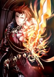 Rule 34 | 10s, 1boy, armor, bad id, bad pixiv id, belt, blurry, chain, depth of field, fire, foreshortening, granblue fantasy, k w r, male focus, pauldrons, percival (granblue fantasy), red eyes, red hair, shoulder armor, smile, solo, sword, weapon