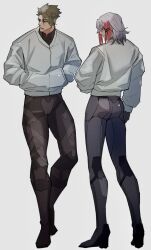 Rule 34 | 2boys, achilles (fate), black bodysuit, bodysuit, brown eyes, fate/grand order, fate (series), full body, grey background, grey hair, hands in pockets, haruakira, highres, jacket, long legs, looking to the side, male focus, mature male, multicolored hair, multiple boys, odysseus (fate), open mouth, short hair, simple background, streaked hair, white jacket
