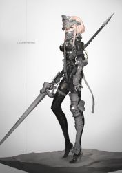 Rule 34 | 1girl, armor, armored boots, black thighhighs, boots, breasts, falslander, full body, gauntlets, gorget, grey background, headgear, high heel boots, high heels, highres, holding, holding lance, holding polearm, holding weapon, lance, lanze reiter (neco), looking at viewer, neco, original, polearm, short hair, short hair with long locks, sidelocks, simple background, single thighhigh, solo, standing, thighhighs, weapon