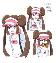 Rule 34 | 1girl, bad id, bad twitter id, blue eyes, bow, brown hair, commentary request, creatures (company), dede (qwea 00000), double bun, doughnut hair bun, eating, food, game freak, hair bun, hand on own chin, holding, holding food, korean commentary, korean text, long hair, multiple views, nintendo, open mouth, pink bow, pokemon, pokemon bw2, pokemon masters ex, raglan sleeves, rosa (pokemon), smile, sparkle, stroking own chin, tongue, translation request, twintails, visor cap