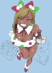 Rule 34 | 1girl, absurdres, bare shoulders, blonde hair, blue background, breasts, breasts apart, butakun, christmas, dark-skinned female, dark skin, detached collar, full body, gift, grin, highres, large breasts, long hair, looking at viewer, original, outline, partially colored, sagging breasts, santa costume, simple background, smile, solo, stuffed animal, stuffed toy, teddy bear, thighs, translated, white outline