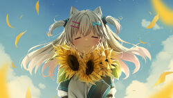 Rule 34 | 1girl, animal ear fluff, animal ears, blue bow, blue sky, bow, cat ears, closed eyes, closed mouth, cloud, day, facing viewer, flower, grey hair, hair bow, hair ornament, hairclip, highres, indie virtual youtuber, jacket, long hair, long sleeves, natsume eri, natsume eri (vtuber), hugging object, outdoors, petals, sky, sleeves past fingers, sleeves past wrists, solo, sunflower, two side up, virtual youtuber, white jacket, yellow flower