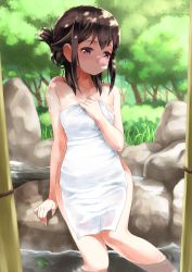 Rule 34 | 10s, 1girl, akemi homura, alternate hairstyle, arm at side, arm support, black hair, blush, breasts, bush, collarbone, covering privates, dappled sunlight, day, folded ponytail, grass, highres, leaf, long hair, mahou shoujo madoka magica, mahou shoujo madoka magica (anime), md5 mismatch, medium breasts, naked towel, nude, nude cover, onsen, outdoors, partially submerged, purple eyes, rin2008, rock, rope, shade, sitting, soaking feet, solo, sunlight, towel, tree, tree shade, water, wet