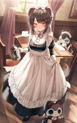 Rule 34 | 1girl, :3, absurdres, animal ears, apron, black dress, black footwear, bloom, blunt bangs, blush, box, breasts, brown hair, cardboard box, curtains, dog, dog ears, dog girl, dress, flower, frilled apron, frills, hair flower, hair ornament, heterochromia, highres, holding, holding teapot, indoors, inui toko, inui toko (7th costume), juliet sleeves, light particles, living plush, long sleeves, looking at viewer, maid apron, maid day, maid headdress, medium breasts, medium hair, neck ribbon, nijisanji, official alternate costume, open sign, picture frame, puffy sleeves, red eyes, red ribbon, ribbon, sidelocks, smile, solo, sunlight, table, teapot, virtual youtuber, waist apron, wallpaper (object), white apron, window, window shadow, wiping table, wooden floor, wooden wall, wrist cuffs, y o u k a, yellow eyes