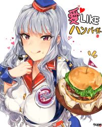Rule 34 | burger, food, food on face, headset, highres, idolmaster, idolmaster (classic), long hair, shijou takane, silver hair, simple background, solo, song name, tuxedo de cat, very long hair, white background