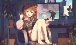 Rule 34 | 1girl, absurdres, ahoge, animal ears, bare legs, barefoot, bear ears, bear girl, blush, borrowed character, bottle, bowl, brown hair, chair, clothes writing, cloud, commentary, commission, computer, controller, cropped hoodie, desk, english commentary, feet, game controller, gaming chair, headphones, highres, holding, hood, hood down, hoodie, hoplitx, indoors, long sleeves, looking at viewer, monitor, original, pink shorts, pixiv commission, plant, potted plant, red eyes, short hair, shorts, sitting, sky, solo, swivel chair, window