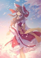Rule 34 | 1girl, bow, brown eyes, brown hair, cherry blossoms, commentary request, detached sleeves, feet out of frame, from side, gradient sky, hair blowing, hair bow, hair tubes, hakurei reimu, highres, long hair, looking at viewer, looking back, mechrailgun, outdoors, ponytail, red skirt, red vest, sash, sidelocks, skirt, sky, smile, solo, standing, touhou, branch, twilight, very long hair, vest, wind, wind lift