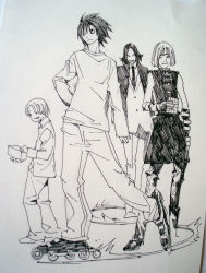 Rule 34 | 4boys, character request, death note, greyscale, inline skates, l (death note), male focus, monochrome, multiple boys, roller skates, shueisha, skates, sketch, traditional media