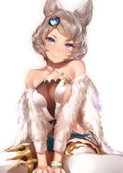 Rule 34 | 10s, 1girl, animal ears, bare shoulders, blue eyes, blush, bracelet, breasts, closed mouth, detached sleeves, erune, eyebrows, frills, fur trim, granblue fantasy, hair ornament, halterneck, head tilt, heart, heart hair ornament, jewelry, large breasts, looking at viewer, mole, mole under mouth, short hair, sideboob, silver hair, simple background, sitting, smile, solo, stella (granblue fantasy), sutera (granblue fantasy), swept bangs, thighhighs, wariza, white background, white thighhighs, yaman (yamanta lov)