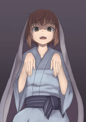 Rule 34 | 1girl, bath yukata, brown eyes, brown hair, commentary request, from below, grey background, highres, japanese clothes, kantai collection, kantai collection (anime), kimono, looking at viewer, outstretched arms, short hair, simple background, solo, under covers, yukata, yuki 4040, yukikaze (kancolle), zombie pose