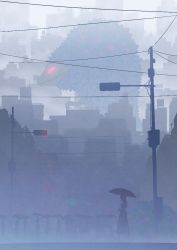 Rule 34 | 1girl, blurry, building, city, cityscape, commentary request, facing away, fog, glowing, glowing eyes, holding, holding umbrella, kaijuu, long hair, long skirt, monster, multiple others, outdoors, peroringa, power lines, scenery, silhouette, skirt, traffic light, ultraseven (series), umbrella, utility pole, wide shot