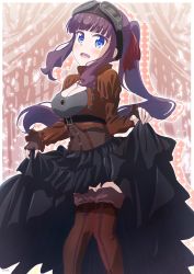 Rule 34 | 1girl, black skirt, blue eyes, blush, boots, breasts, brown footwear, brown gloves, brown hair, cleavage, corset, fingerless gloves, floating hair, gloves, goggles, goggles on head, highres, large breasts, long hair, long skirt, long sleeves, makicha (sasurainopink), new game!, ponytail, skirt, skirt hold, solo, standing, standing on one leg, takimoto hifumi, thigh boots, thighhighs, very long hair