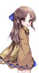 Rule 34 | 1girl, blue bow, blue skirt, blush, bow, brown coat, brown eyes, brown hair, brown scarf, coat, commentary, hair bow, hands in pockets, idolmaster, idolmaster cinderella girls, long hair, long sleeves, looking at viewer, open mouth, scarf, sidelocks, skirt, solo, tachibana arisu, white background, yumeno (rubbercup)
