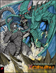 Rule 34 | animal ears, battle, call of cthulhu, claws, commission, cosmic horror, crossover, cthulhu, cthulhu mythos, eldritch abomination, fighting, gabe tkezilla, giant, giant monster, glowing, godzilla, godzilla (series), highres, horror (theme), kaijuu, mini wings, monster, no humans, open mouth, sharp teeth, spines, tail, teeth, tentacles, wings
