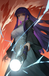 Rule 34 | 1girl, black coat, coat, dress, fern (sousou no frieren), from below, half updo, highres, holding, holding staff, iamc95, long hair, looking at viewer, mage staff, magic, parted lips, purple eyes, purple hair, solo, sousou no frieren, staff, white dress