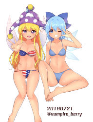 Rule 34 | 2girls, american flag bikini, arm up, artist name, artistic error, ass, bandeau, bare arms, bare legs, bare shoulders, barefoot, bikini, blonde hair, blue bikini, blue bow, blue eyes, blue hair, bow, breasts, cameltoe, cirno, clownpiece, commentary request, fairy wings, feet out of frame, flag print, grin, groin, hair between eyes, hair bow, hat, highres, ice, ice wings, jester cap, knee up, long hair, looking at viewer, multiple girls, navel, one eye closed, open mouth, ougi hina, polka dot, polka dot headwear, purple eyes, purple headwear, red bikini, short hair, sidelocks, sitting, small breasts, smile, standing, star (symbol), star print, stomach, strapless, strapless bikini, striped bikini, striped clothes, swimsuit, tan, thighs, touhou, twitter username, very long hair, w, white bikini, wings