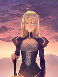 Rule 34 | 1girl, ahoge, artoria pendragon (fate), blonde hair, dress, excalibur (fate/stay night), fate/stay night, fate (series), female focus, green eyes, hair down, hand on hilt, juliet sleeves, long hair, long sleeves, looking at viewer, puffy sleeves, saber (fate), sky341125290, solo