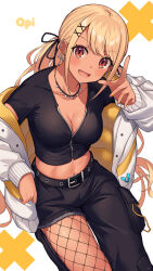 1girl :d absurdres belt black_belt black_pants black_ribbon black_shirt blonde_hair breasts cleavage crop_top dark-skinned_female dark_skin ear_piercing earrings fang fishnet_pantyhose fishnets gyaru hair_ornament hair_ribbon hand_up highres jacket jewelry kaminari_qpi kurebayashi_noe long_hair looking_at_viewer medium_breasts nail_polish navel open_mouth orange_eyes orange_nails pants pantyhose piercing ribbon shirt simple_background sitting skin_fang smile solo swept_bangs twintails virtual_youtuber vspo! x_hair_ornament