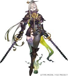 Rule 34 | 1girl, armor, armored boots, assassin of mt liang, asymmetrical clothes, black armor, bodysuit, bodysuit under clothes, boots, breastplate, breasts, fate/grand order, fate (series), full body, gauntlets, gradient hair, green hair, grey bodysuit, grey eyes, hair between eyes, hair ornament, hairpin, high collar, huyan zhuo (fate), huyan zhuo (second ascension) (fate), large breasts, long hair, looking at viewer, multicolored hair, official art, open mouth, pauldrons, shoulder armor, single pantsleg, smile, solo, toridamono, transparent background, very long hair, weapon, white hair