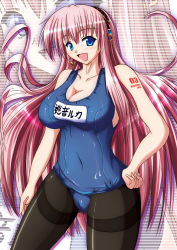 Rule 34 | 1girl, blue eyes, breasts, cleavage, large breasts, long hair, mebiusbands, megurine luka, nyx (mebius no wa), one-piece swimsuit, pantyhose, pantyhose under swimsuit, pink hair, school swimsuit, solo, standing, swimsuit, vocaloid