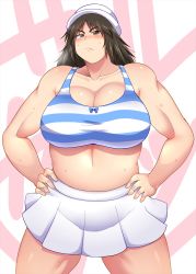 Rule 34 | 10s, 1girl, blush, breasts, brown eyes, brown hair, cleavage, curvy, embarrassed, girls und panzer, hands on own hips, hat, highres, huge breasts, long hair, looking at viewer, murakami (girls und panzer), muscular, muscular female, plump, sailor hat, shimejix, shiny skin, solo, sweat