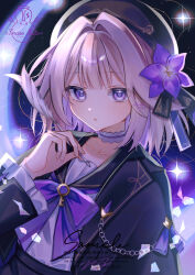 1girl :o absurdres artist_logo artist_name black_hat brown_hair choker flower hat herta_(honkai:_star_rail) highres holding holding_quill honkai:_star_rail honkai_(series) key logo looking_at_viewer open_mouth purple_eyes purple_flower quill sample_watermark short_hair solo sorase_610 watermark