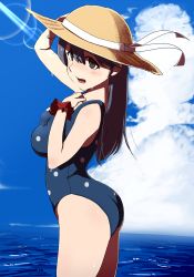 Rule 34 | 10s, 1girl, black hair, brown eyes, gradient background, hand on headwear, hand on own chest, hat, kantai collection, kato (artist), kato (mogumoguokome), long hair, md5 mismatch, one-piece swimsuit, polka dot, polka dot swimsuit, resolution mismatch, scrunchie, solo, source larger, sun hat, swimsuit, ushio (kancolle), wrist scrunchie