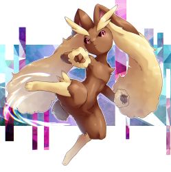 Rule 34 | 1girl, animal ears, animal hands, bad id, bad pixiv id, black sclera, body fur, brown fur, colored sclera, commentary request, creatures (company), eyebrows, fighting stance, full body, furry, game freak, gen 4 pokemon, highres, jumping, kicking, legs, legs apart, lopunny, nagi (bokedento), nintendo, no humans, pink eyes, pokemon, pokemon (creature), rabbit ears, rabbit girl, rabbit tail, solo, tail, thighs