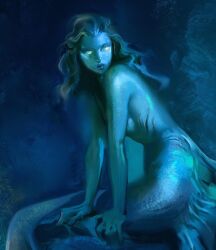 Rule 34 | 1girl, arm support, bare shoulders, blue background, blue skin, blue theme, breasts, closed mouth, colored skin, commentary, english commentary, faux traditional media, floating hair, gills, glowing, glowing eyes, highres, kneeless mermaid, leaning forward, lips, long hair, looking at viewer, looking to the side, medium breasts, monster girl, nose, nude, original, sideboob, sitting, solo, turning head, upper body, wavy hair, yellow eyes, yuming li