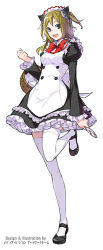 Rule 34 | 1girl, animal ears, apron, artist name, basket, black dress, black eyes, black footwear, blonde hair, bow, bowtie, cat ears, digimon, digimon story: cyber sleuth, dress, frilled dress, frills, full body, maid, maid apron, maid headdress, mary janes, media vision artwork team, official art, open mouth, oruru, puffy sleeves, shoes, short hair, simple background, smile, solo, thighhighs, twintails, white thighhighs, zettai ryouiki