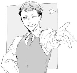 Rule 34 | 1boy, ;d, collared shirt, grin, hatching (texture), joker game, linear hatching, long sleeves, looking at viewer, male focus, monochrome, necktie, one eye closed, open mouth, outstretched arm, reaching, reaching towards viewer, shi646, shirt, short hair, smile, solo, star (symbol), tazaki (joker game), unfinished, upper body, vest