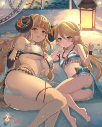 Rule 34 | 2girls, absurdres, ahoge, anila (granblue fantasy), anila (summer) (granblue fantasy), ass, bare shoulders, bikini, blonde hair, blue eyes, blush, breasts, charlotta (granblue fantasy), draph, granblue fantasy, harvin, highres, horns, large breasts, legs, long hair, looking at viewer, multiple girls, nuko (mikupantu), open mouth, pointy ears, sheep horns, short eyebrows, small breasts, smile, swimsuit, thick eyebrows, thighs, very long hair, yellow eyes