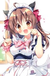 Rule 34 | 1girl, :d, ahoge, animal ears, apron, blue dress, blurry, blurry background, blush, bow, breasts, brown eyes, brown hair, cat ears, collared shirt, commentary request, covered erect nipples, depth of field, dress, dress shirt, fingernails, hair between eyes, hair bow, hands up, head tilt, heart, long hair, looking at viewer, maid, maid headdress, medium breasts, nail polish, open mouth, original, pan (mimi), paw pose, pink bow, pink nails, pink ribbon, pink scrunchie, puffy short sleeves, puffy sleeves, red bow, ribbon, scrunchie, shirt, short sleeves, smile, solo, waist apron, white apron, white shirt, window, wrist scrunchie