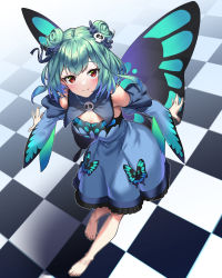 Rule 34 | 1girl, absurdres, barefoot, blue dress, blue hair, blue ribbon, blush, breasts, butterfly wings, checkered floor, closed mouth, commentary request, detached collar, detached sleeves, double bun, dress, earrings, frilled dress, frills, from above, full body, green hair, hair bun, hair ornament, hair ribbon, highres, hololive, insect wings, jewelry, long hair, looking at viewer, medium breasts, multicolored hair, red eyes, ribbon, short hair, skull earrings, skull hair ornament, smile, solo, strapless, strapless dress, streaked hair, uruha rushia, uruha rushia (1st costume), virtual youtuber, wings, ybee