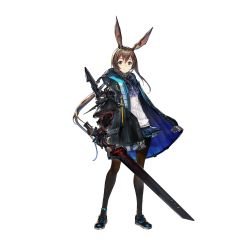 Rule 34 | 1girl, amiya (arknights), animal ears, arknights, ascot, black jacket, blouse, blue eyes, blue footwear, blue skirt, brown hair, brown pantyhose, full body, holding, holding sword, holding weapon, jacket, long hair, looking at viewer, mechanical arms, miniskirt, official art, open clothes, open jacket, pantyhose, ponytail, rabbit ears, shirt, shoes, single mechanical arm, skirt, solo, spoilers, standing, sword, transparent background, very long hair, weapon, white shirt, yui (niikyouzou)
